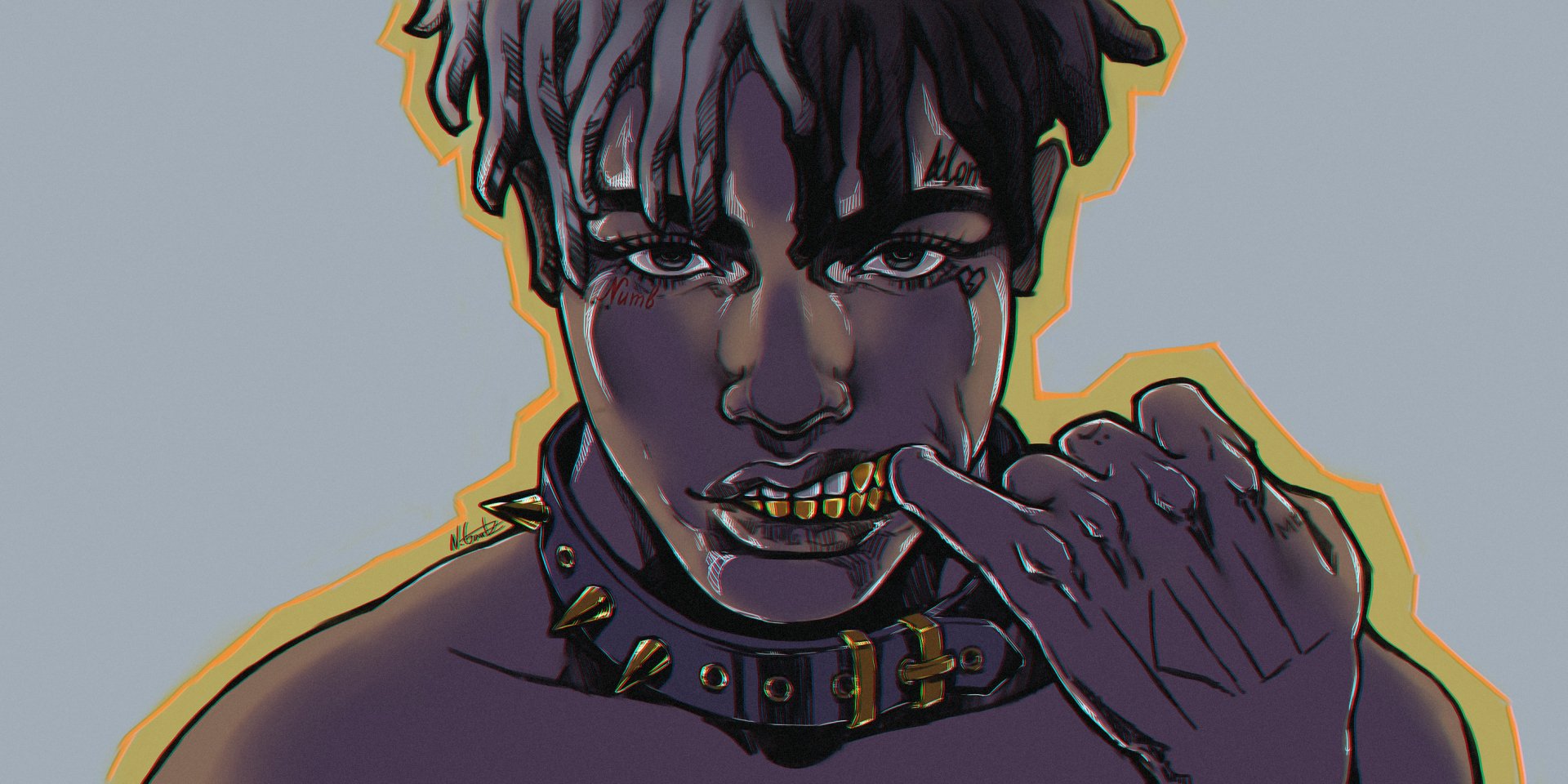 HD desktop wallpaper of an illustrated XXXTentacion with a gold grill and spiked choker, set against a stylized background.