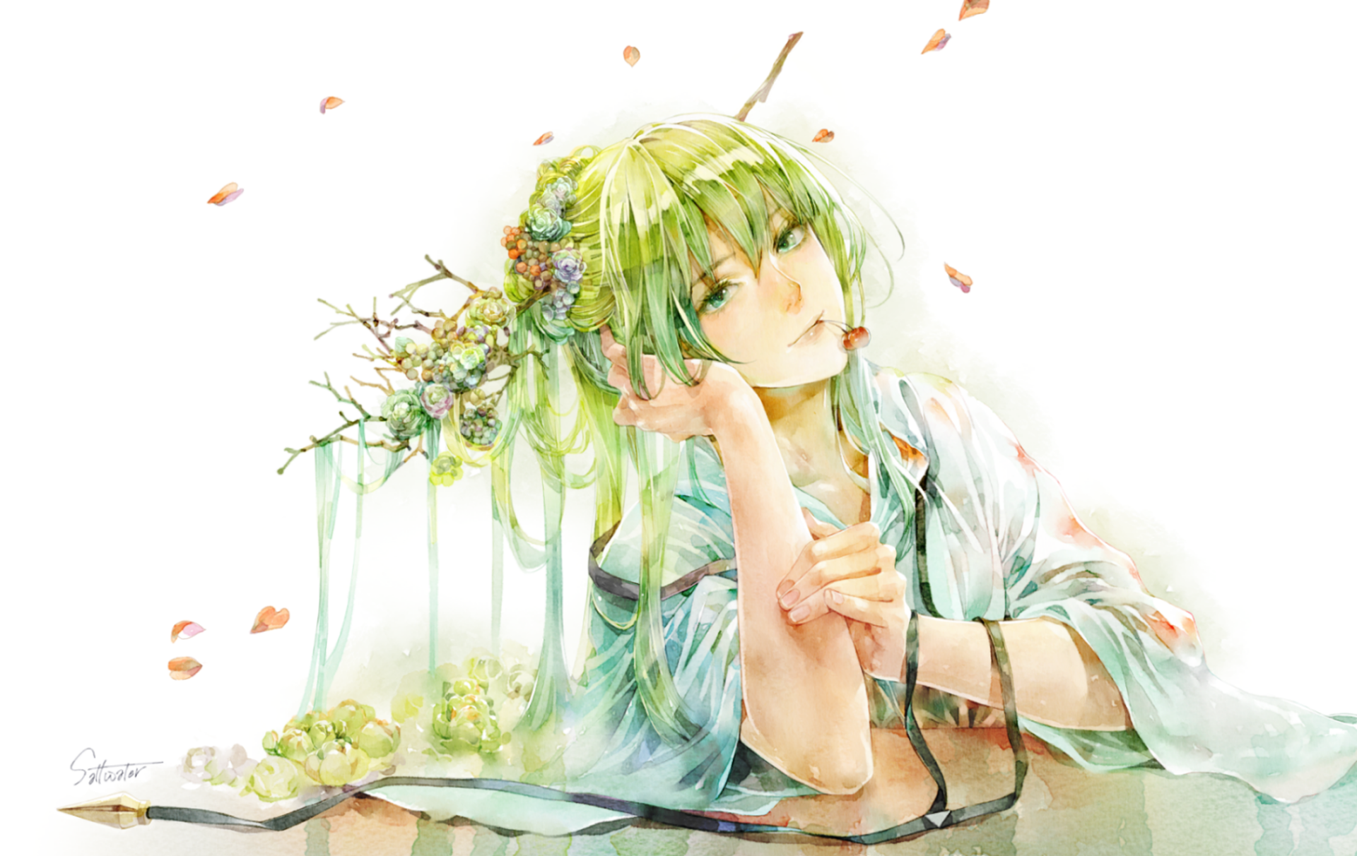 Anime portrait of Enkidu (Fate/Grand Order): watercolor-style, green hair with floral crown, flowing robes and falling petals — HD PC desktop wallpaper.