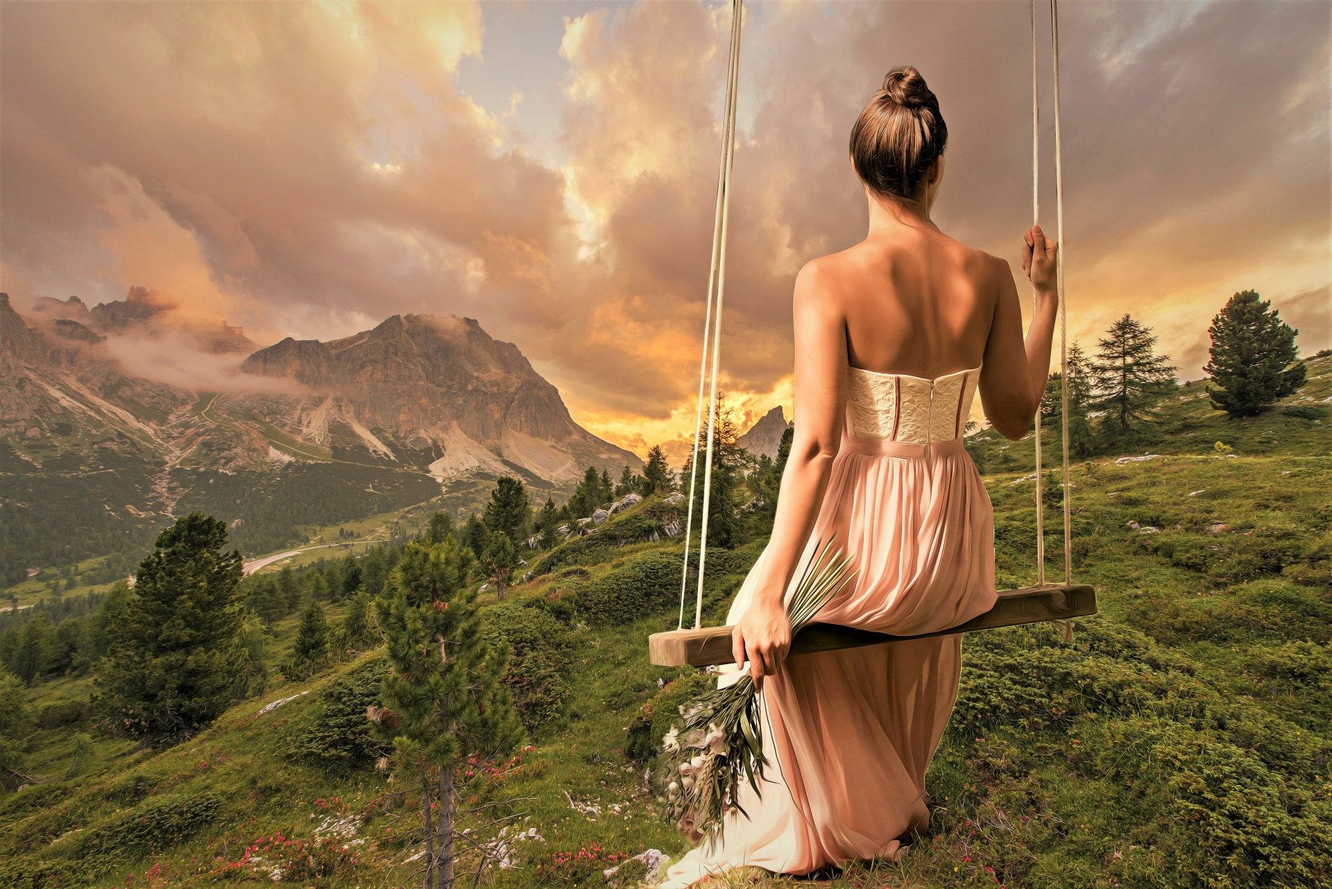 Download Rear Dress Swing Landscape Woman Mood K Ultra Hd Wallpaper