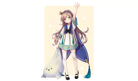 HD anime-style original artwork features a girl with long hair, a blue cape, and a small white seal-like creature, designed as a PC desktop wallpaper background.