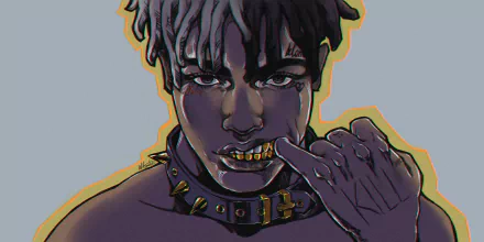 HD desktop wallpaper of the musician XXXTentacion, featuring a stylized, colorful depiction of the artist with prominent facial details and unique accessories.