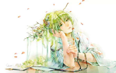 Anime portrait of Enkidu (Fate/Grand Order): watercolor-style, green hair with floral crown, flowing robes and falling petals — HD PC desktop wallpaper.