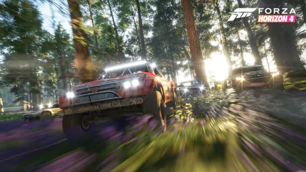 Forza Horizon 4 gameplay scene featuring off-road trucks racing through a sunlit forest, captured in 4K Ultra HD for PC desktop wallpaper.