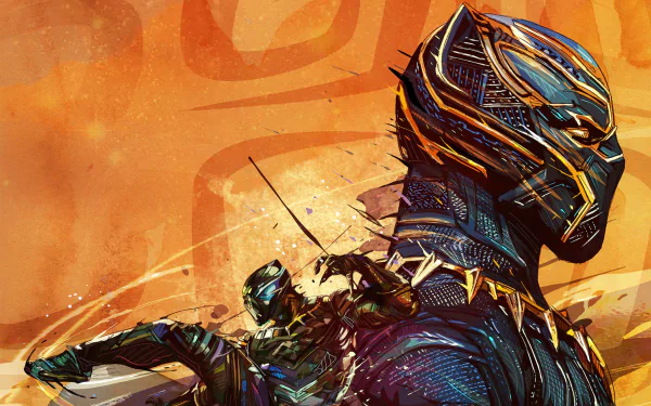 HD PC desktop wallpaper featuring Black Panther from Marvel Comics in a dynamic, artistic design with bold orange and blue tones inspired by the movie.