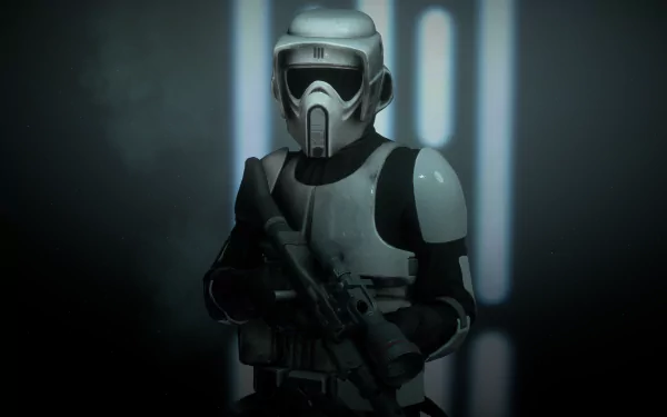 HD PC desktop wallpaper of a Scout Trooper from the video game Star Wars Battlefront II (2017), standing in a dimly lit, futuristic environment.