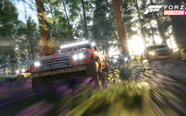 Forza Horizon 4 gameplay scene featuring off-road trucks racing through a sunlit forest, captured in 4K Ultra HD for PC desktop wallpaper.