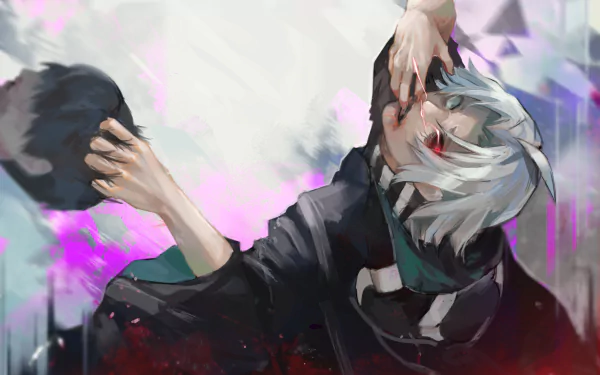 Anime character with white hair and heterochromia, Seidou Takizawa from Tokyo Ghoul:re, depicted in an intense pose. This HD wallpaper serves as a striking Tokyo Ghoul desktop background.