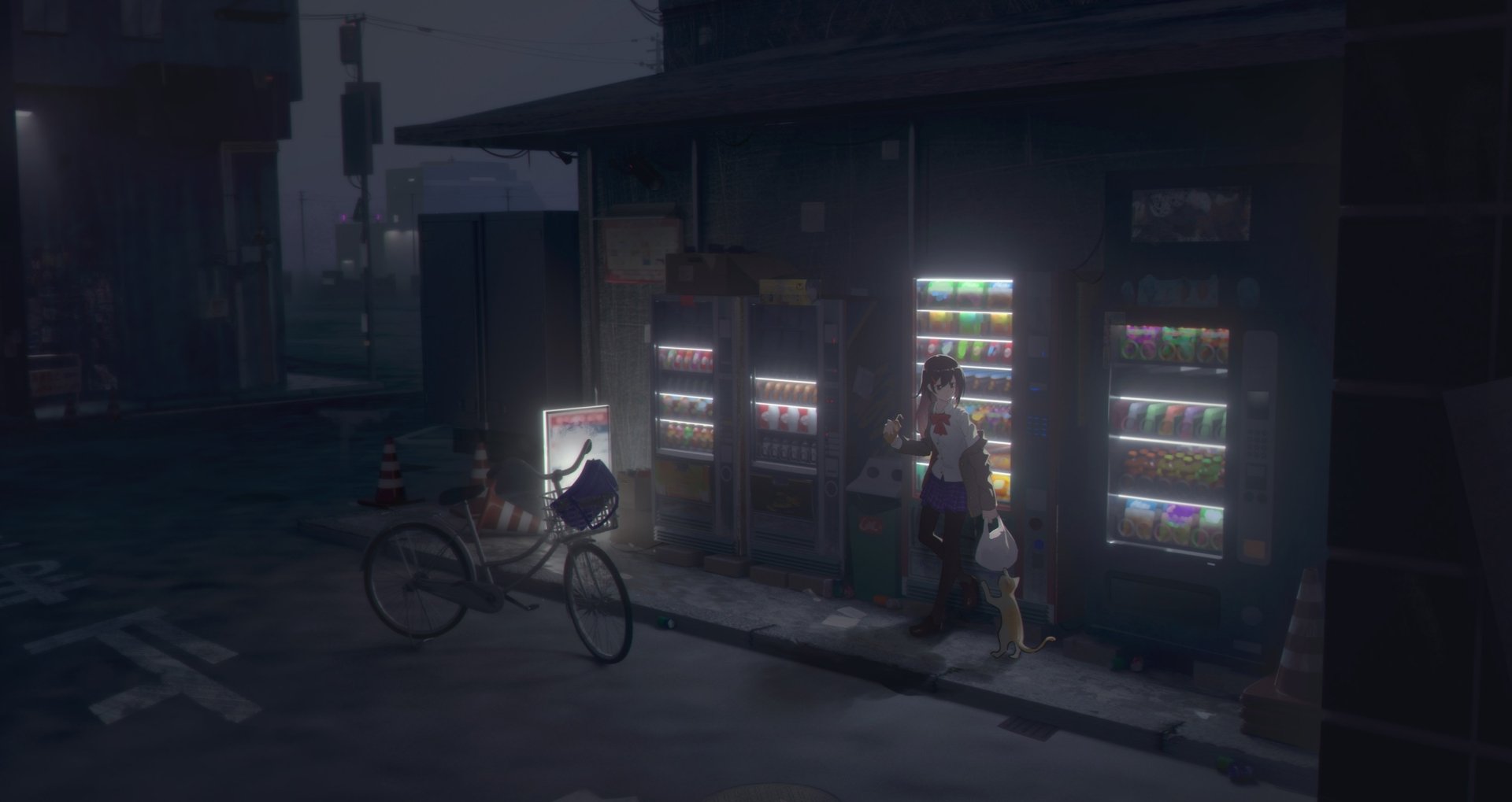 Anime-style HD desktop wallpaper featuring a long-haired person with a bag standing near illuminated vending machines at night, with a black cat and a bike nearby.