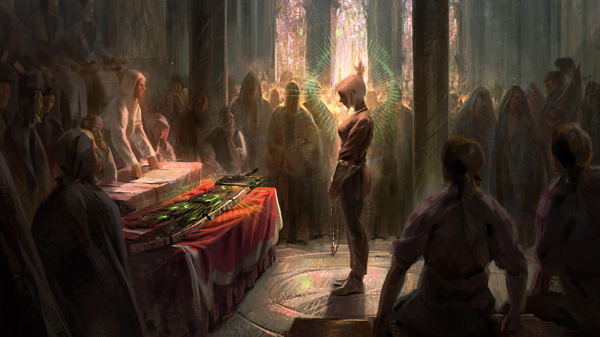 HD PC desktop wallpaper featuring Riven from League of Legends standing in a dimly lit, ceremonial hall surrounded by shadowed figures and stained glass light.