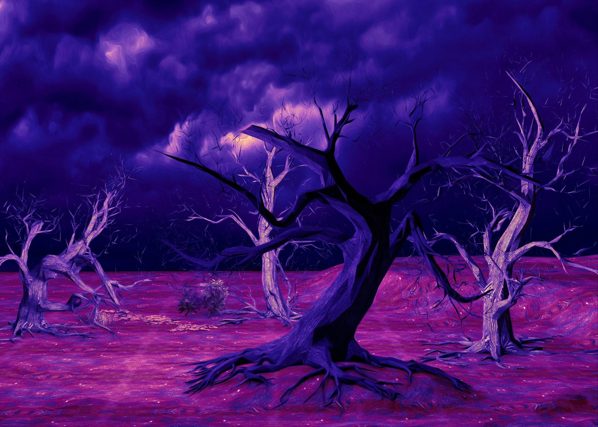 HD artistic painting of a night sky over a barren landscape with twisted trees, blending rich purples and blues in a nature-inspired desktop wallpaper.