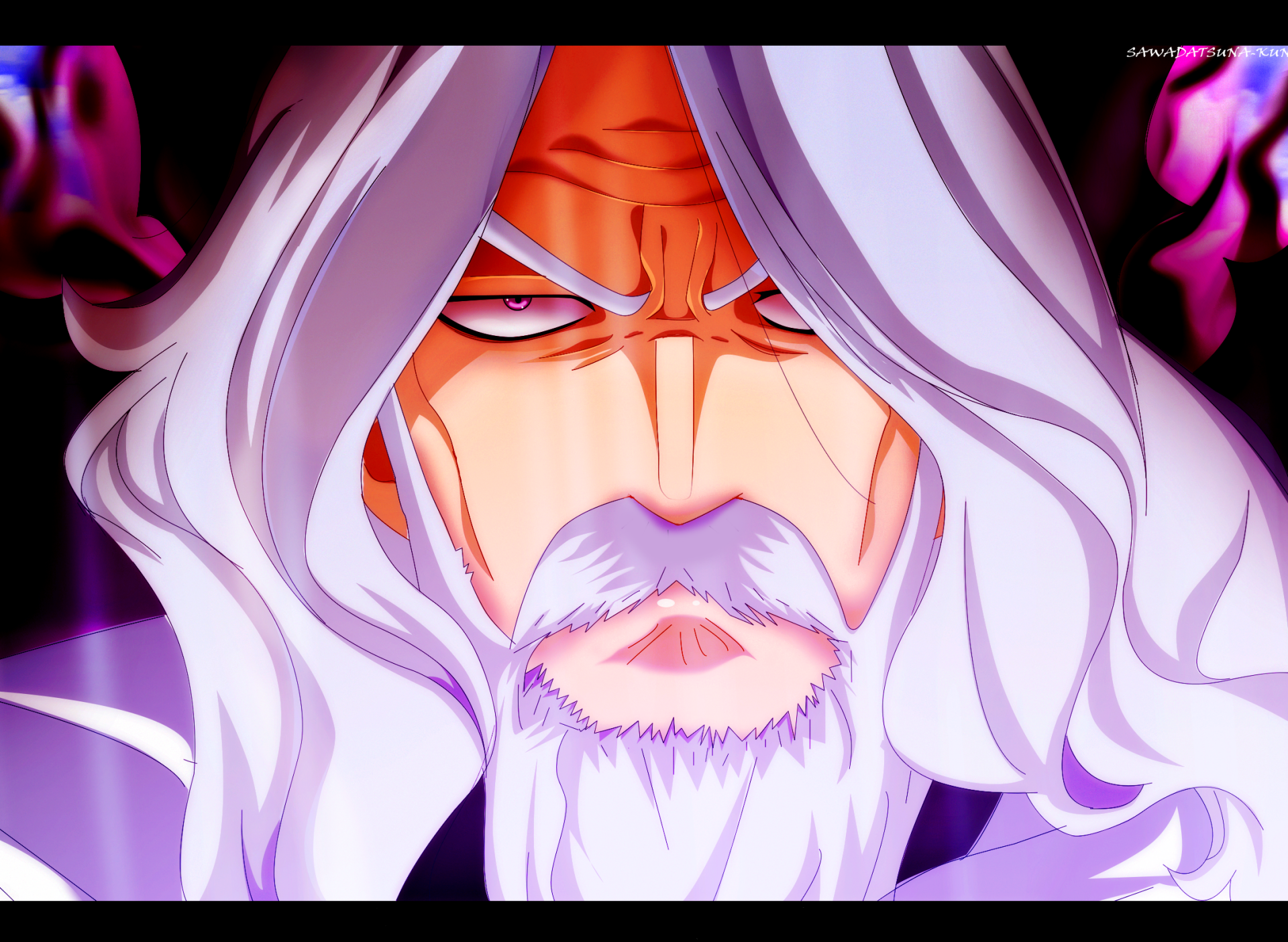 Close-up of August (Fairy Tail) from the anime Fairy Tail — white‑haired, bearded mage with a stern gaze and purple aura; HD PC desktop wallpaper/background.