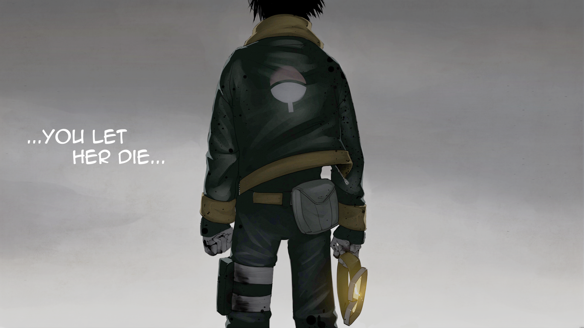 HD PC desktop wallpaper featuring Obito Uchiha from Naruto anime, shown from the back holding a mask with the Uchiha clan symbol and text saying ...YOU LET HER DIE....