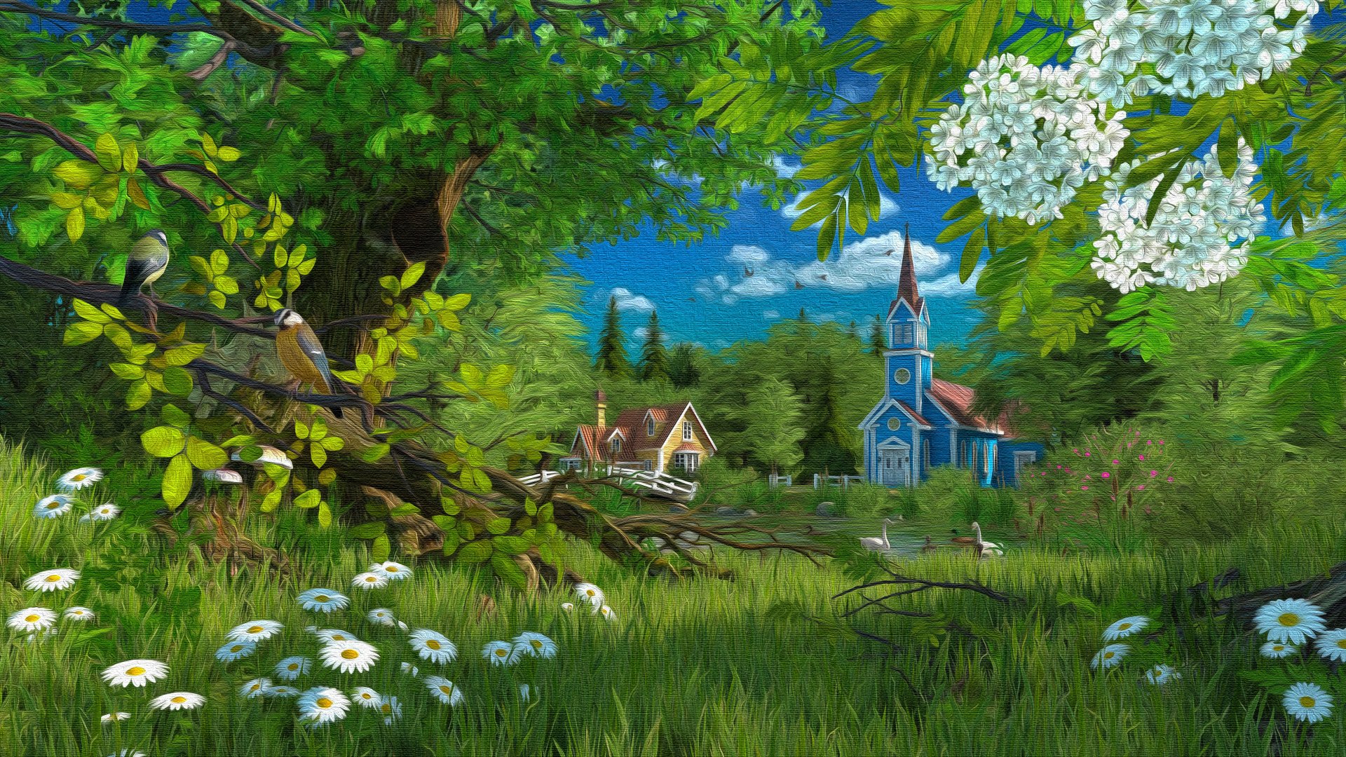 A vibrant, artistic 4K Ultra HD desktop wallpaper depicting a lush summer landscape with blooming flowers, a rustic tree, and a charming blue church under a bright sky.