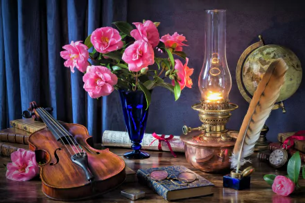 4K Ultra HD PC desktop wallpaper: still-life photography of a violin, blue vase of pink flowers, quill and scroll, oil lamp, globe, pocket watch and stacked books.