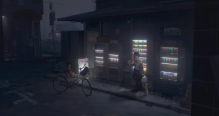 Anime-style HD desktop wallpaper featuring a long-haired person with a bag standing near illuminated vending machines at night, with a black cat and a bike nearby.