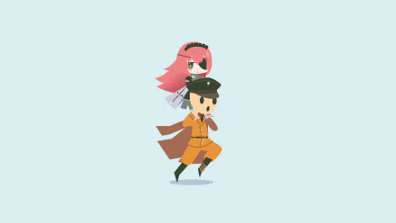 HD PC desktop wallpaper: minimalist Anime (Overlord) chibi-style art — pink-haired floating figure behind a running officer in an orange uniform on a pale blue background.