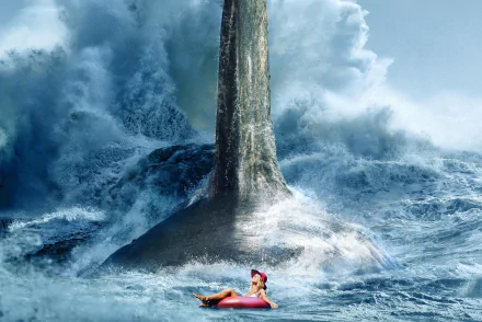 HD PC desktop wallpaper from the movie The Meg, featuring a massive shark fin rising dramatically from turbulent ocean waves beside a small person on a floatation device.