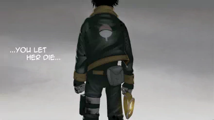 HD PC desktop wallpaper featuring Obito Uchiha from Naruto anime, shown from the back holding a mask with the Uchiha clan symbol and text saying ...YOU LET HER DIE....