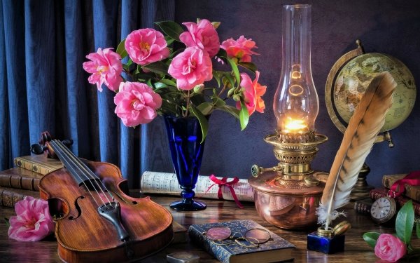 Photography Still Life Flower Vase Violin Globe Oil Lamp Scroll Pocket Watch Book Quill Pink Flower HD Wallpaper | Background Image