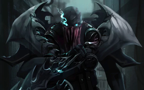 4K Ultra HD desktop wallpaper featuring Pyke from League of Legends in a dark, intense pose with glowing blue accents and menacing, blade-like arms.