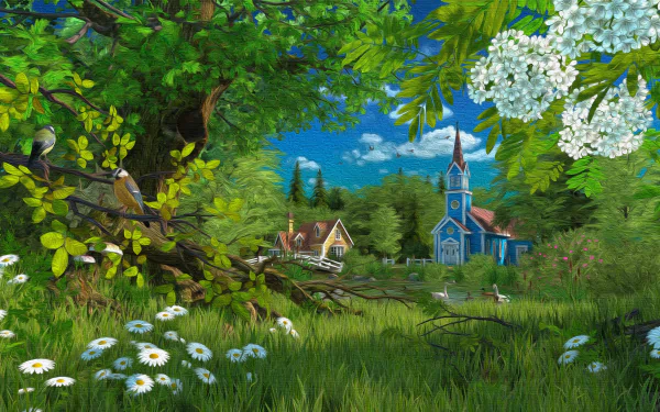 A vibrant, artistic 4K Ultra HD desktop wallpaper depicting a lush summer landscape with blooming flowers, a rustic tree, and a charming blue church under a bright sky.
