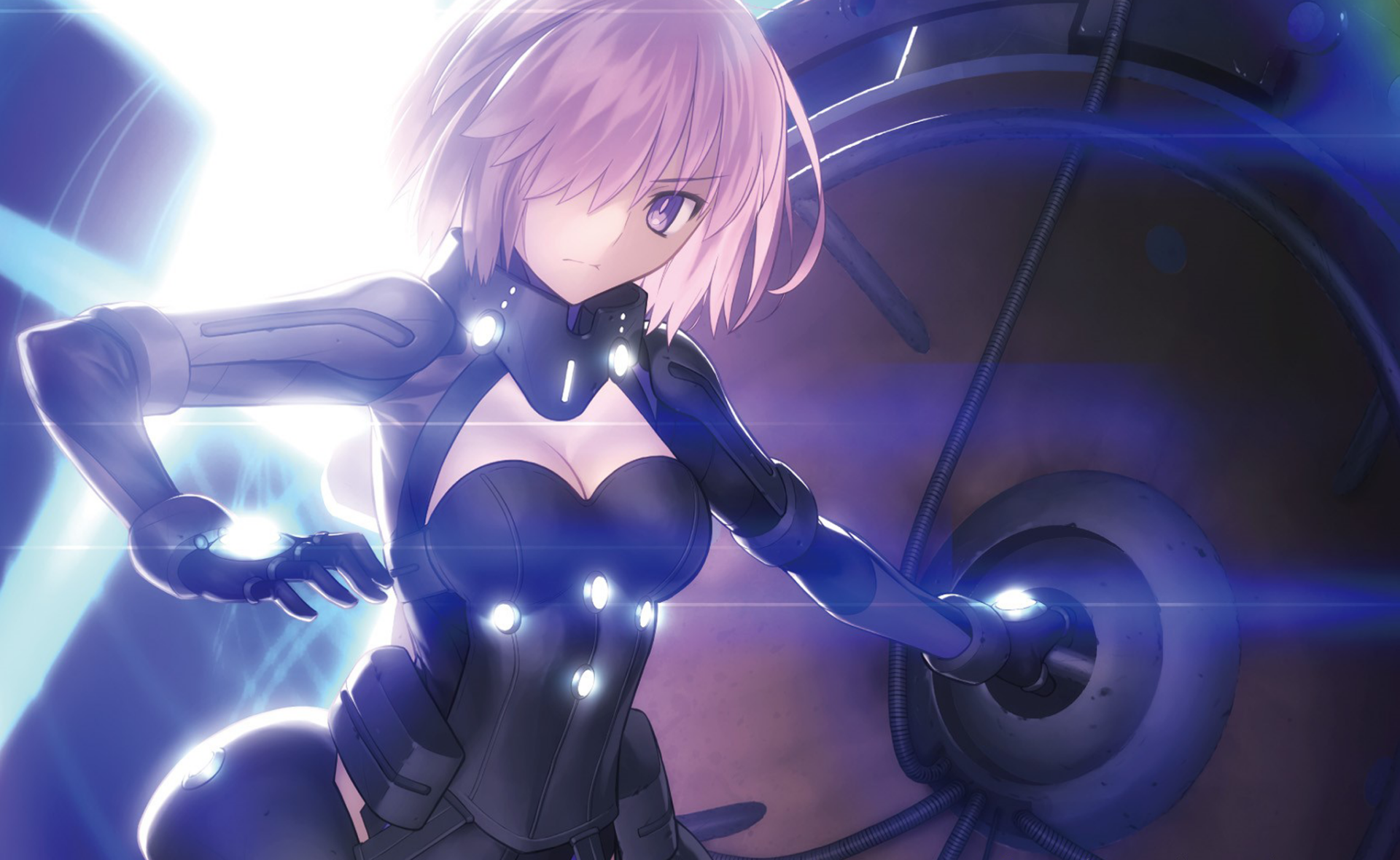 HD desktop wallpaper of Shielder (Mashu Kyrielight) from Fate/Grand Order, featuring an intense and dynamic scene with a futuristic background.