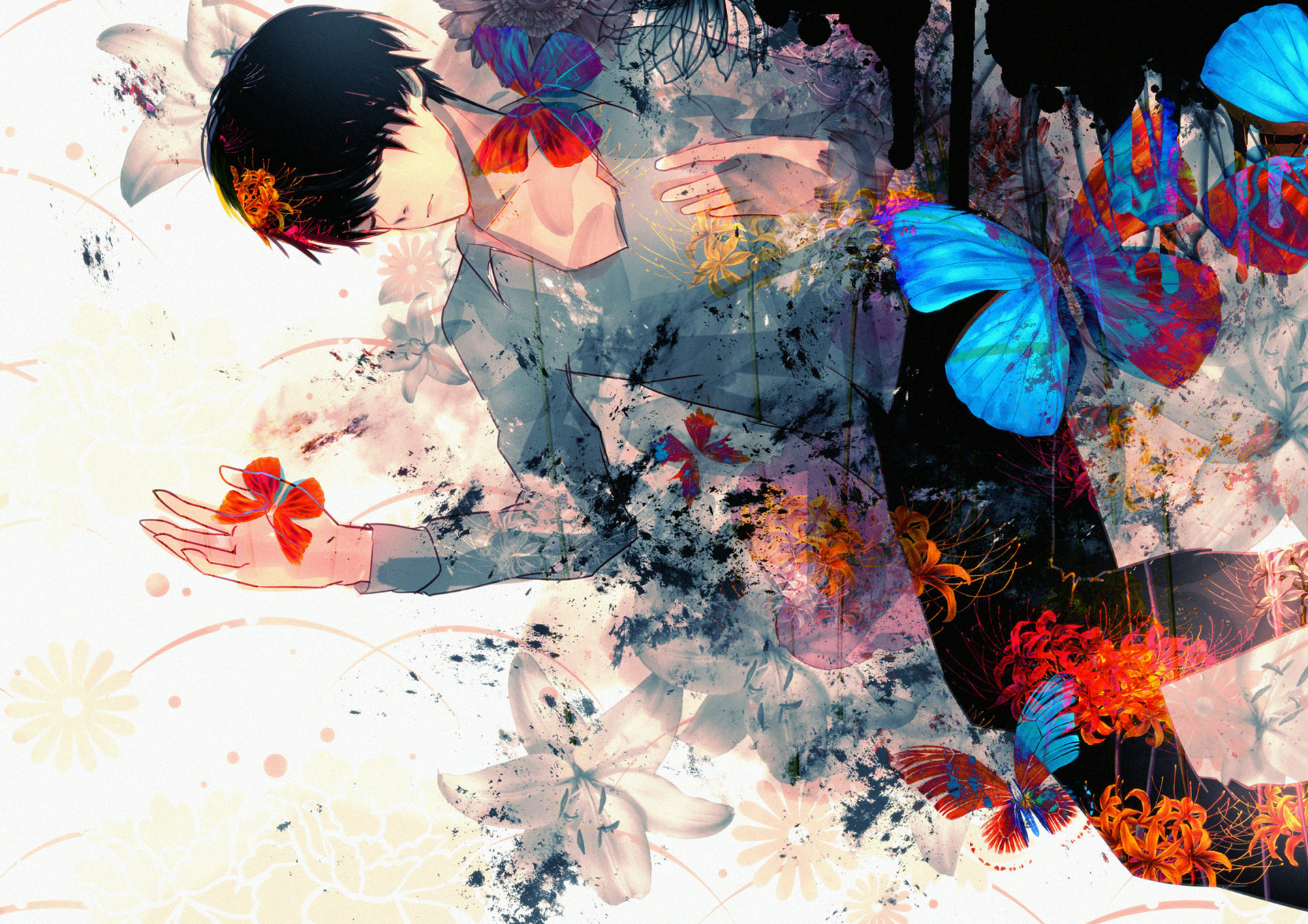 HD anime-style wallpaper featuring a short black-haired character surrounded by vibrant flowers and colorful butterflies in a dynamic, artistic composition.