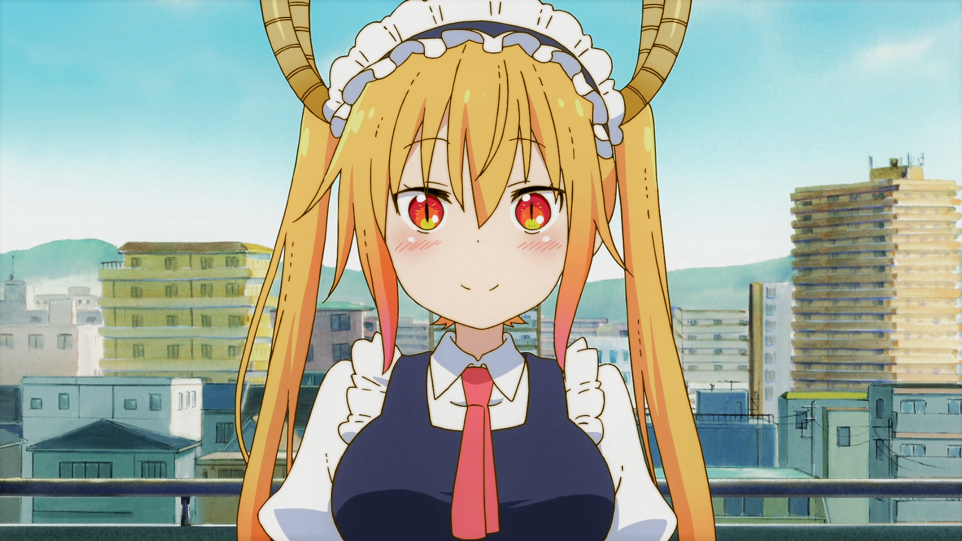 HD anime desktop wallpaper featuring Tohru from Miss Kobayashi's Dragon Maid in her maid outfit with horns, set against a cityscape background.