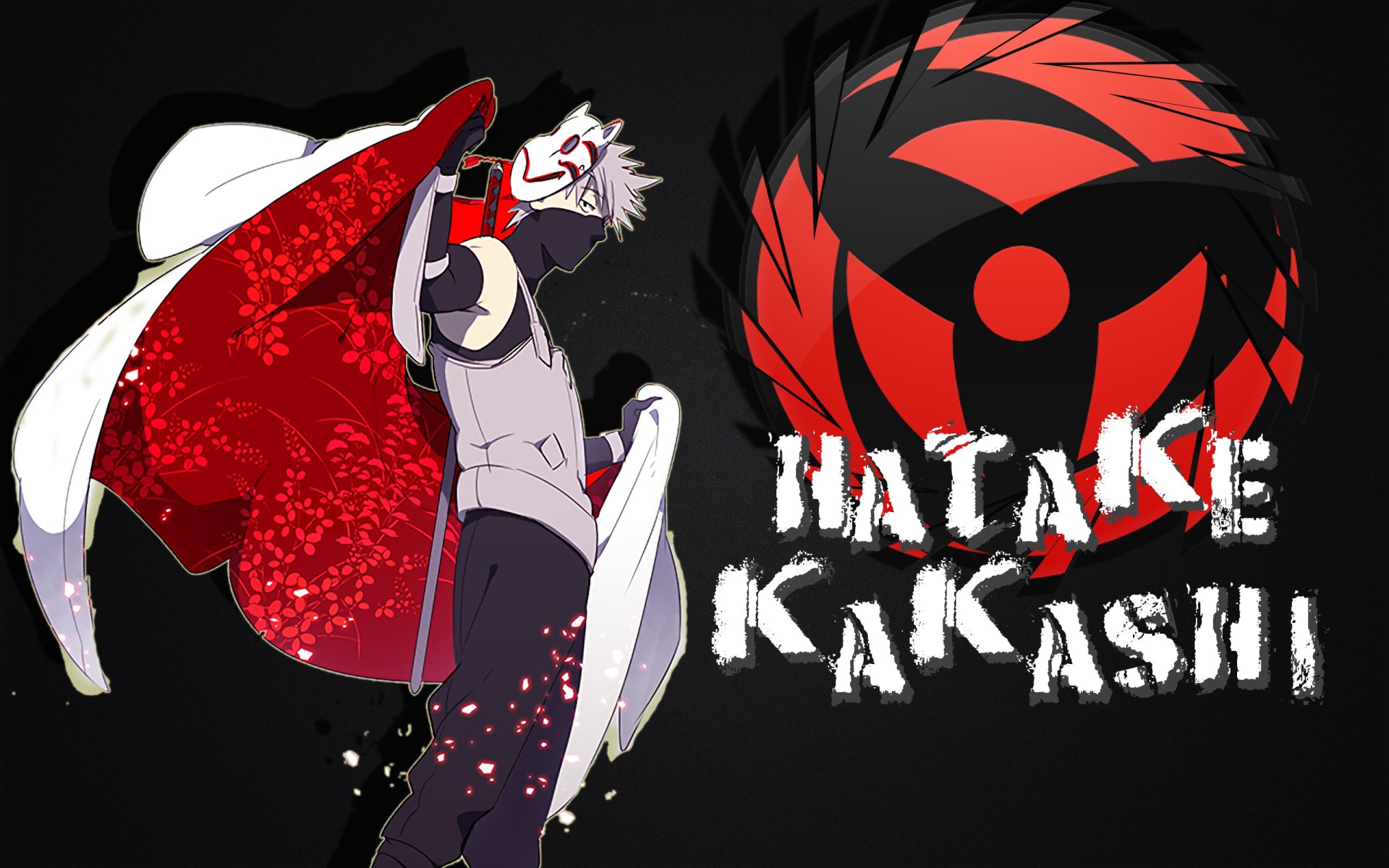HD PC desktop wallpaper featuring Kakashi Hatake from Naruto with his Sharingan eye activated, dressed in Anbu attire against a dark background.
