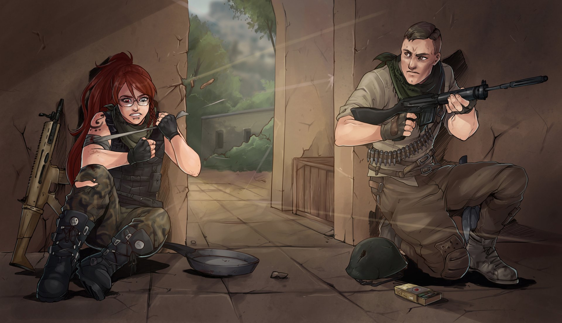 HD desktop wallpaper featuring an animated scene from Playerunknown's Battlegrounds, depicting two characters in combat gear strategizing inside a dilapidated building.
