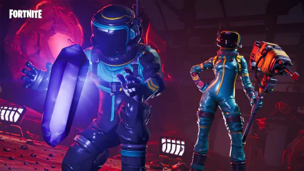 HD desktop wallpaper of Fortnite featuring two characters in futuristic suits, one holding a glowing crystal, set against a vibrant and intense background.