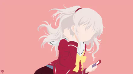 Minimalist 8K Ultra HD anime wallpaper of Nao Tomori from Charlotte with flowing white hair, wearing a bow and school uniform, against a soft pink background.