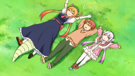 HD anime desktop wallpaper featuring Kanna Kamui, Kobayashi, and Tohru from Miss Kobayashi's Dragon Maid lying on green grass.