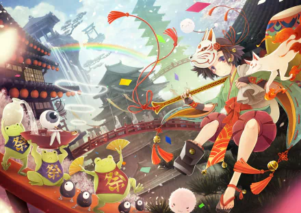 Anime-style HD original desktop wallpaper featuring a dynamic scene with a fox-masked character, colorful creatures, and traditional Japanese architecture under a bright sky.