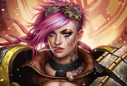 HD PC desktop wallpaper featuring VI from League of Legends, showcasing her fierce expression, pink hair, and armored outfit in vibrant video game artwork.