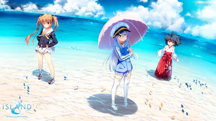 HD anime desktop wallpaper featuring Karen Kurutsu, Sara Garandou, and Rinne Ohara standing on a sunlit beach from the series Island.