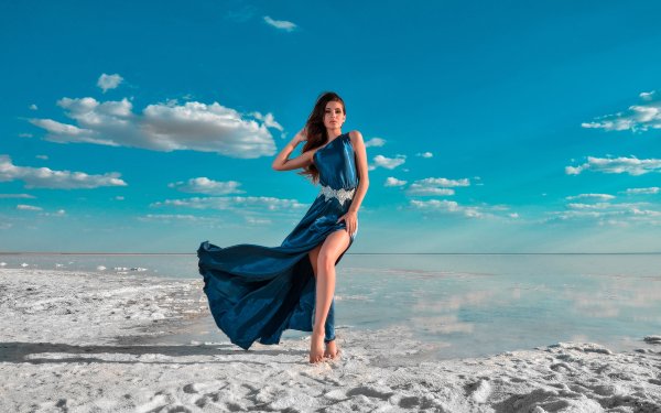 Women Model Brunette Beach Ocean Sea Blue Dress Horizon HD Wallpaper | Background Image