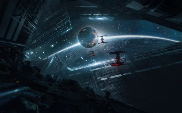 A HD Star Wars-themed wallpaper featuring TIE Fighters in space, with a large planet and futuristic spaceship structures in the background, creating a dynamic sci-fi scene.
