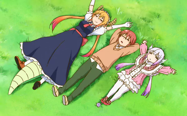 HD anime desktop wallpaper featuring Kanna Kamui, Kobayashi, and Tohru from Miss Kobayashi's Dragon Maid lying on green grass.