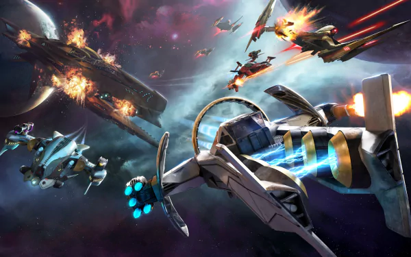 HD wallpaper of Starlink: Battle for Atlas featuring dynamic space combat with ships and a vivid galactic backdrop.