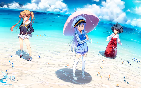 HD anime desktop wallpaper featuring Karen Kurutsu, Sara Garandou, and Rinne Ohara standing on a sunlit beach from the series Island.