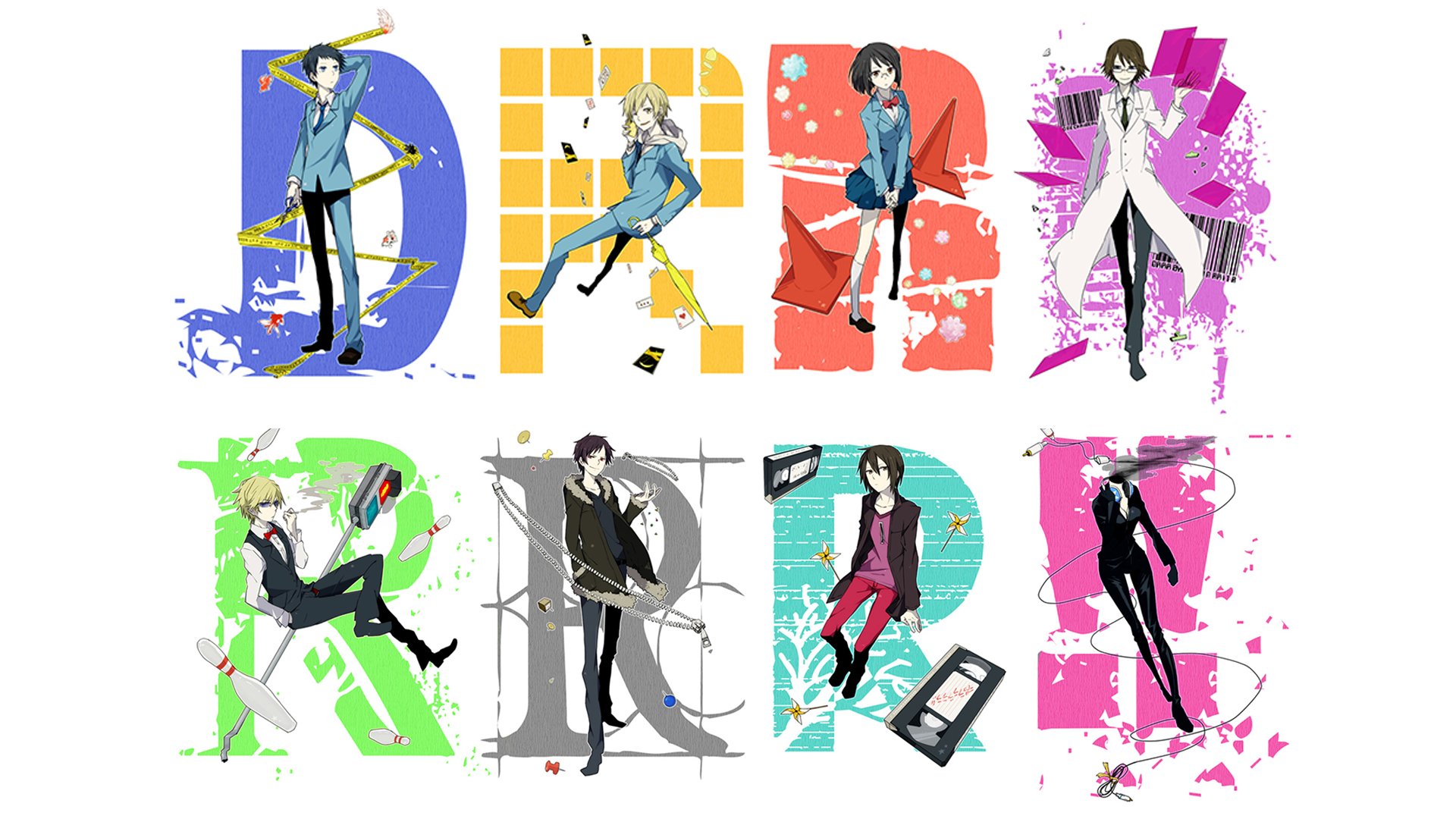 HD PC desktop wallpaper featuring Masaomi Kida, Mikado Ryūgamine, Anri Sonohara, Celty Sturluson, Shizuo Heiwajima, and Izaya Orihara from the anime Durarara!!.