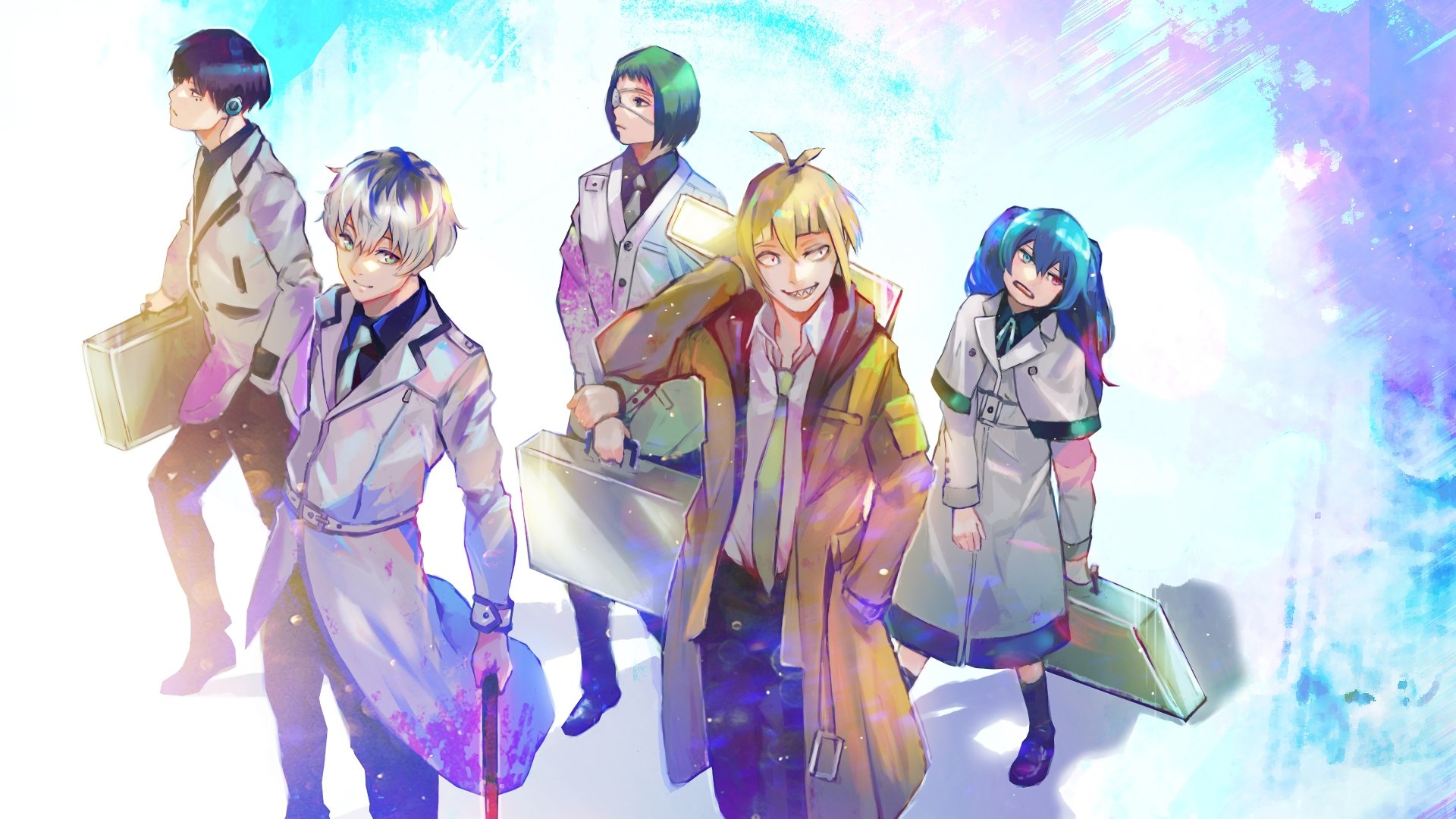 4K Ultra HD Tokyo Ghoul:re anime wallpaper featuring Tooru Mutsuki, Saiko Yonebayashi, Ginshi Shirazu, Kuki Urie, Haise Sasaki, and Ken Kaneki in white lab coats.