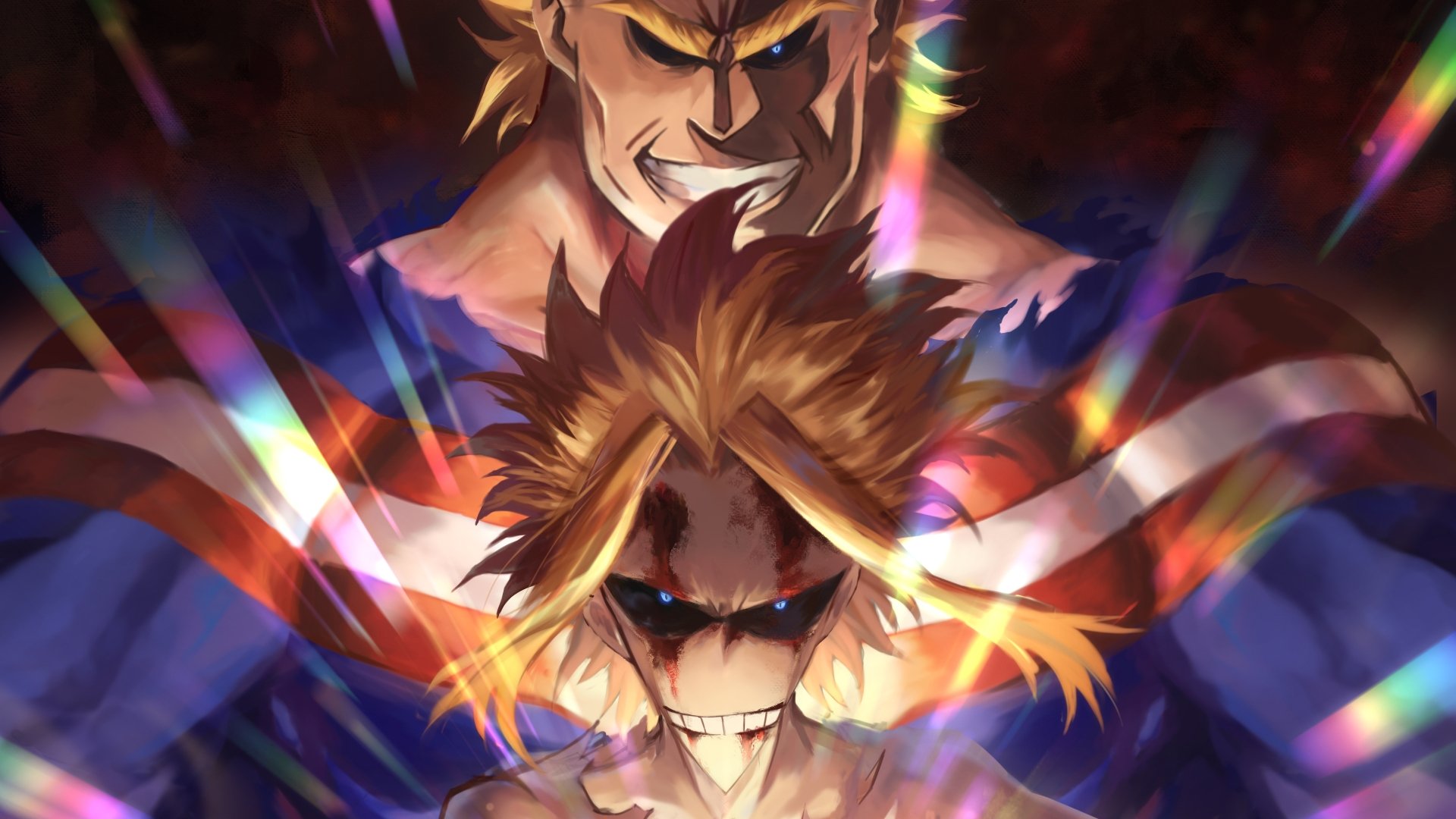 HD desktop wallpaper featuring All Might, also known as Toshinori Yagi, from the anime My Hero Academia. The image showcases his blonde hair, blue eyes, and iconic smile in a vibrant and powerful pose.