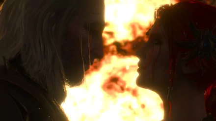 HD PC desktop wallpaper from the video game The Witcher 3: Wild Hunt — Blood and Wine, featuring Geralt of Rivia and Triss Merigold in silhouette before roaring flames.