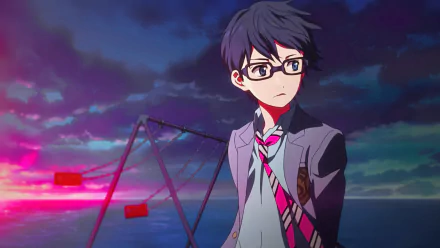 HD desktop wallpaper of Kousei Arima from the anime Your Lie in April, featuring him in a school uniform with a sunset sky and empty swings in the background.