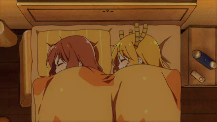 HD anime wallpaper featuring Kobayashi and Tohru from Miss Kobayashi's Dragon Maid sleeping side by side under warm blankets in a cozy bedroom setting.
