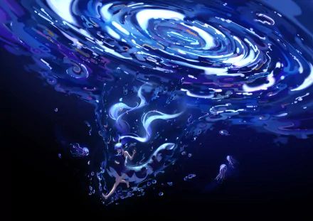 Hatsune Miku (Vocaloid) anime portrait in swirling blue galaxy and water, hair turning into musical ribbons — 2K Quad HD PC desktop wallpaper and background.