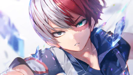HD desktop wallpaper featuring Shoto Todoroki from My Hero Academia, showcasing his heterochromia with intense, determined eyes and his signature red and white hair.