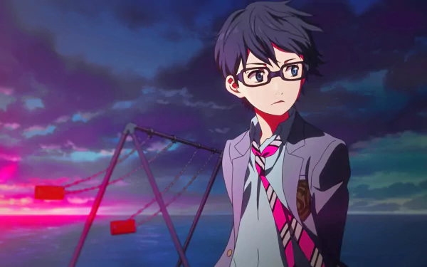 HD desktop wallpaper of Kousei Arima from the anime Your Lie in April, featuring him in a school uniform with a sunset sky and empty swings in the background.